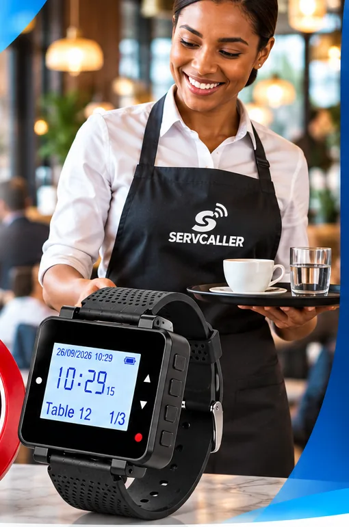Serveuse portant un plateau, équipée de la montre SERVCALLER, avec un bouton d'appel posé sur la table