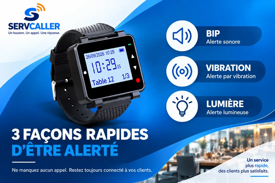 Trois modes d'alerte de la montre SERVCALLER : sonore, vibration et lumineuse