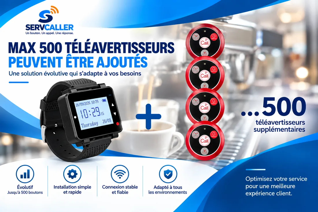Une montre SERVCALLER associée à plusieurs boutons d'appel