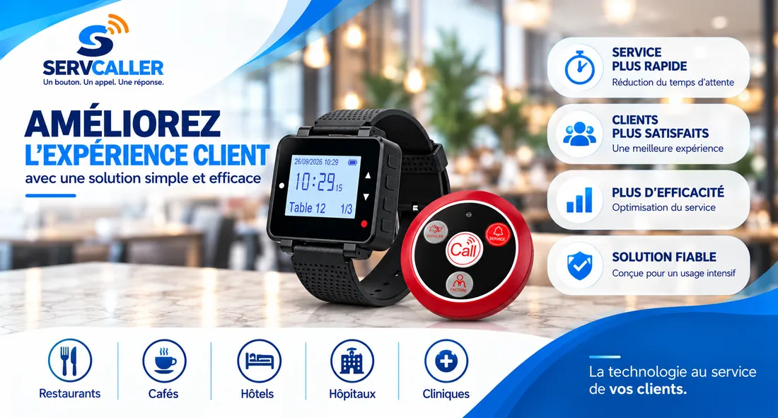 Montre et bouton SERVCALLER posés sur une table de restaurant
