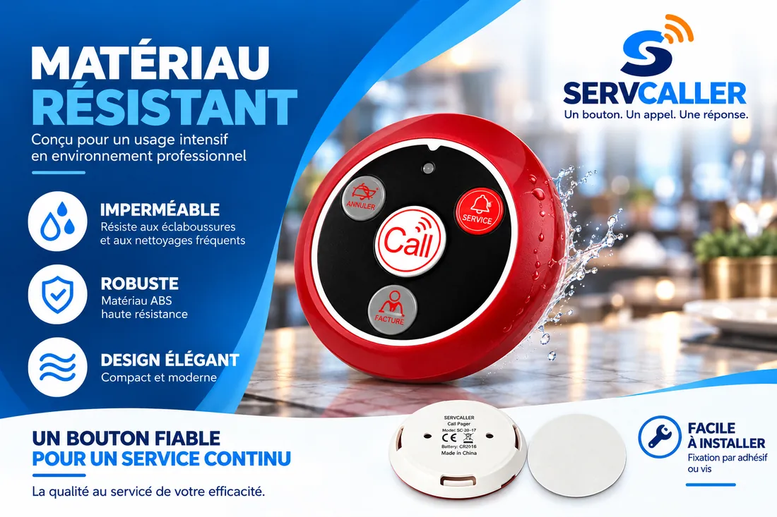 Bouton d'appel SERVCALLER soumis à des éclaboussures d'eau