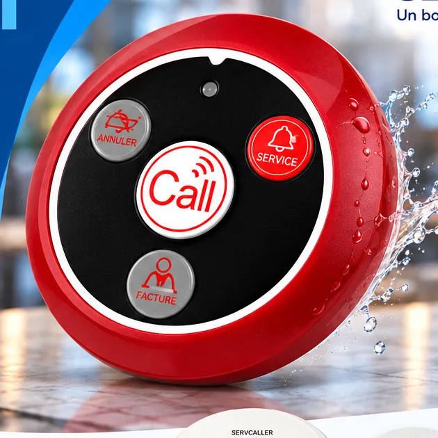 Bouton d'appel SERVCALLER rouge, avec les touches Call, Service, Facture et Annuler
