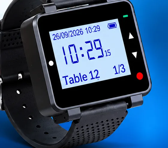 Montre réceptrice SERVCALLER affichant l'appel de la table 12